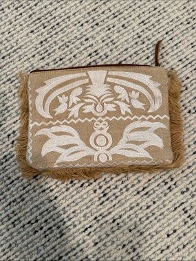 Neutral Beige Embroidered Fringe Clutch with straw fringe trim